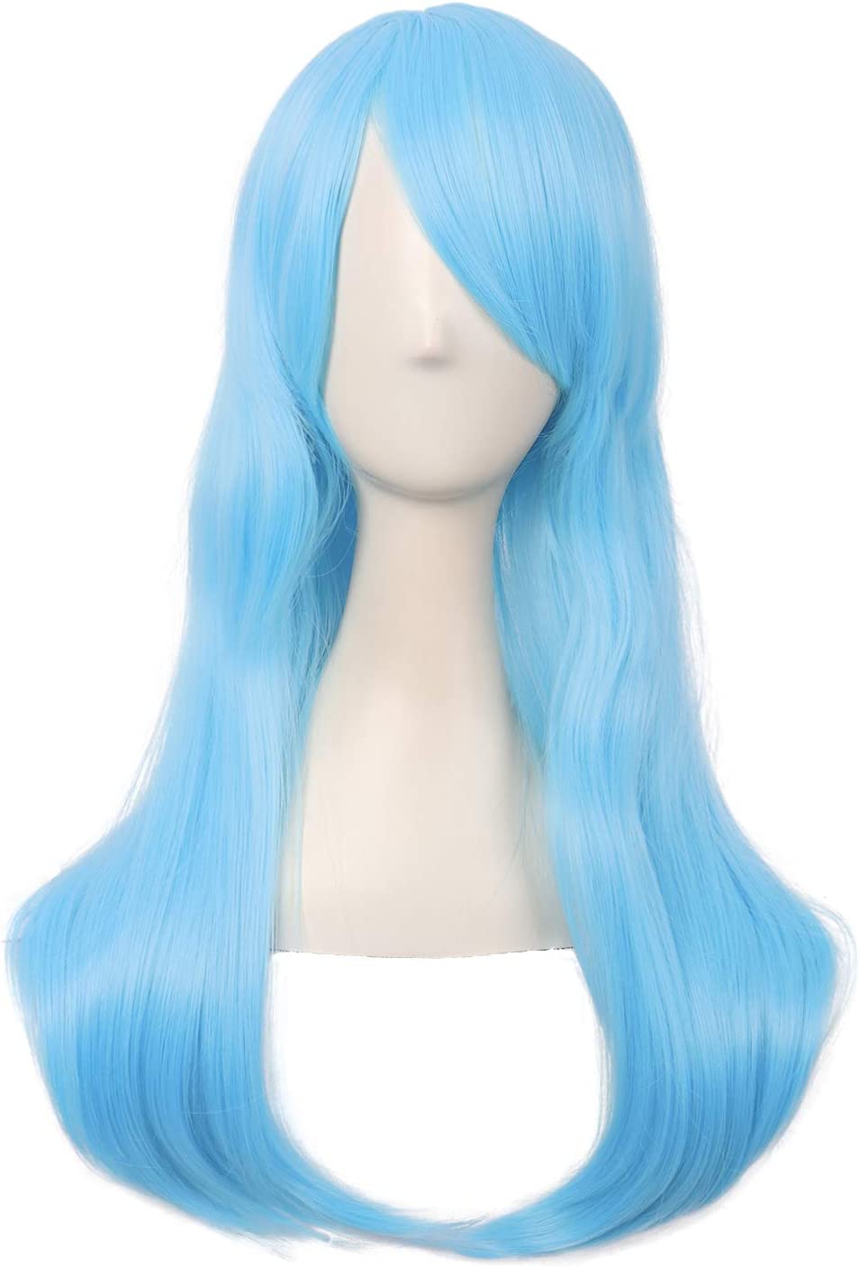 Peruca longa azul claro no manequim com cabelo liso e franja