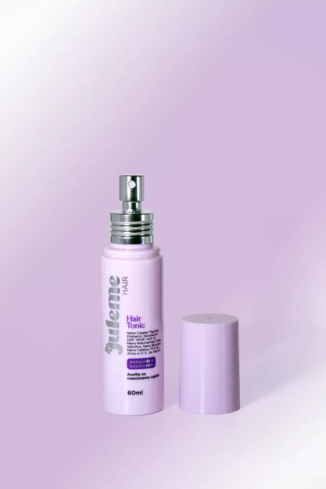 Frasco spray Hair Tonic lilás da marca juleme HAIR com tampa ao lado