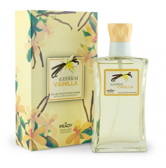 Frasco de perfume Exótica Vanilla e embalagem com design floral colorido