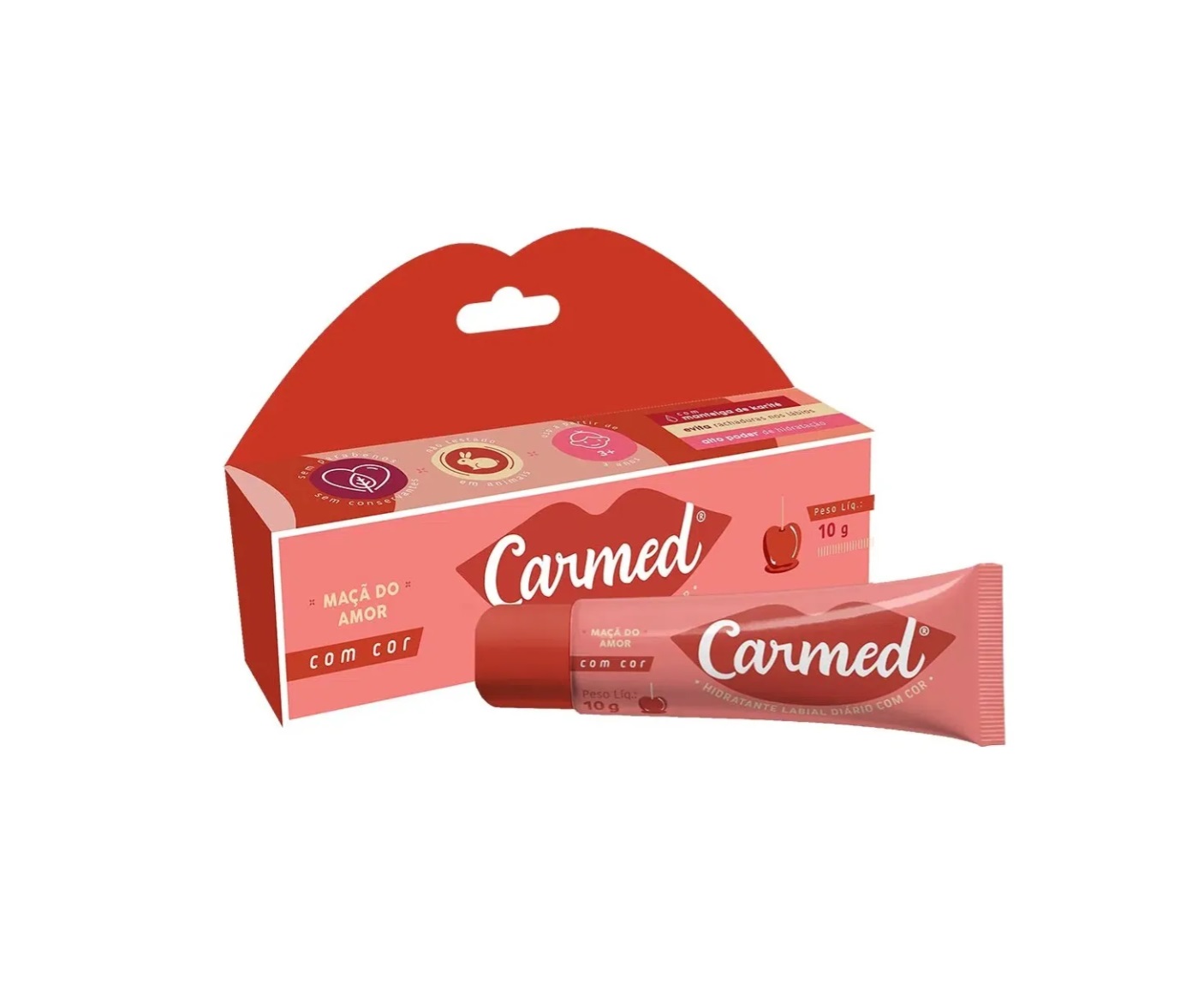 Bálsamo labial Carmed em embalagem rosa e vermelha com texto branco