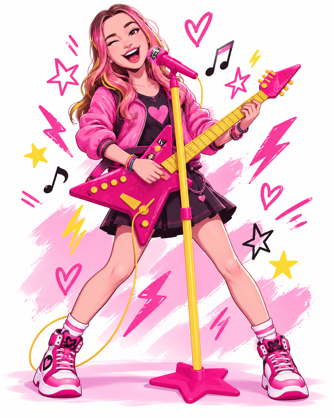 Jovem mulher com guitarra elétrica rosa e casaco rosa tocando microfone rosa rodeada por símbolos musicais coloridos.