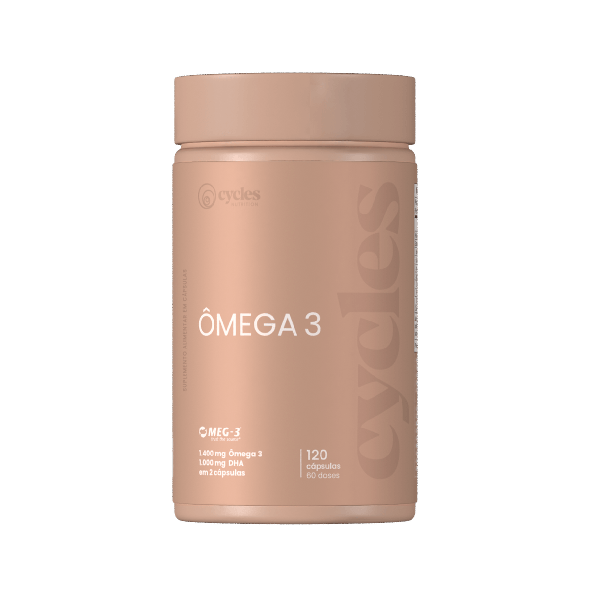Frasco castanho claro de suplemento alimentar ÔMEGA 3 da Cycles com texto branco