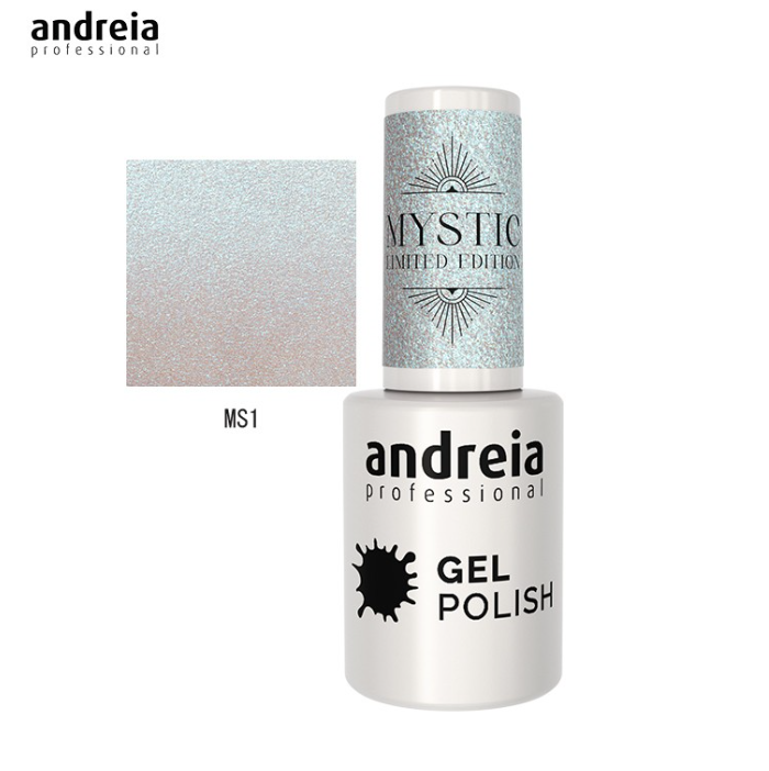 Esmalte de unhas gel Andreia Professional com tampa azul glitter e texto Mystic Limited Edition