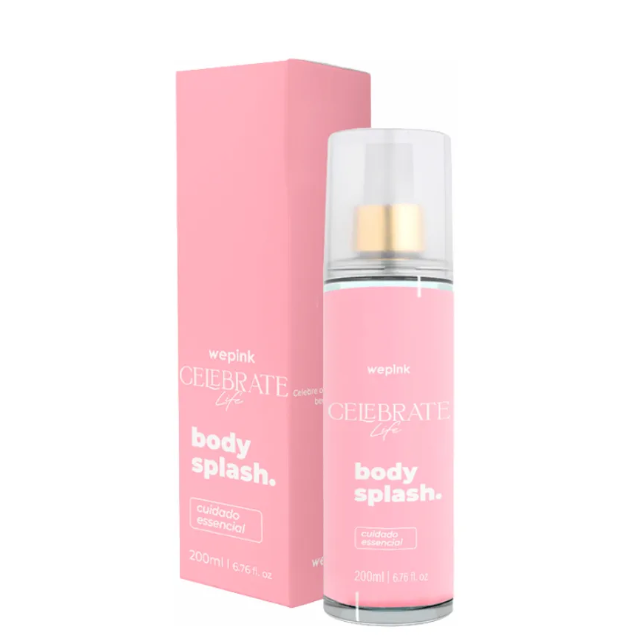 Frasco e caixa rosa de body splash wepink Celebrate Life 200ml
