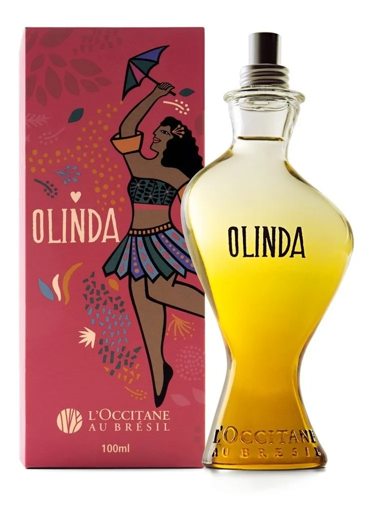Perfume OLINDA da L'OCCITANE AU BRÉSIL com caixa rosa e ilustração de mulher dançando