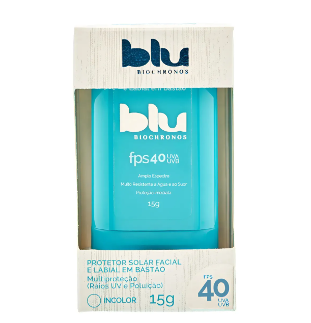 Protetor solar facial e labial em bastão Blu FPS 40 em embalagem branca e azul