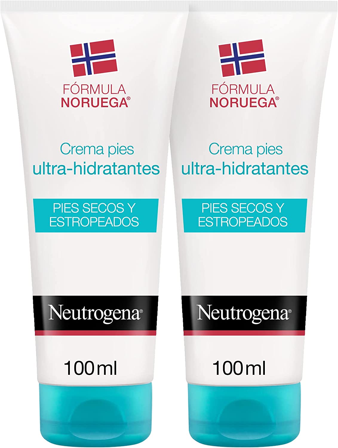 Duas embalagens de creme para pés Neutrogena de 100 ml cada, brancas com tampa azul clara