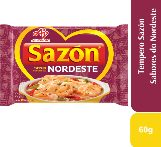Pacote de tempero Sazón Nordeste 60g com imagem de prato de camarão