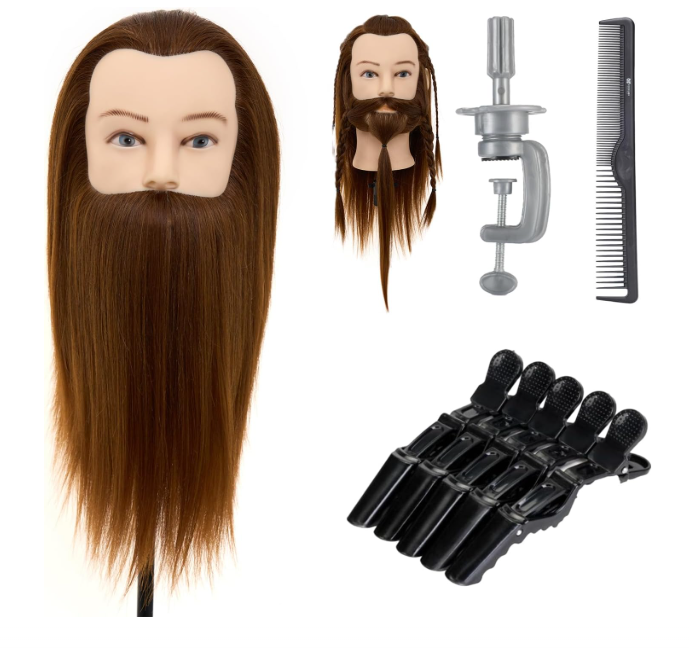 Cabeça de prática com cabelo castanho e acessórios de cabelo