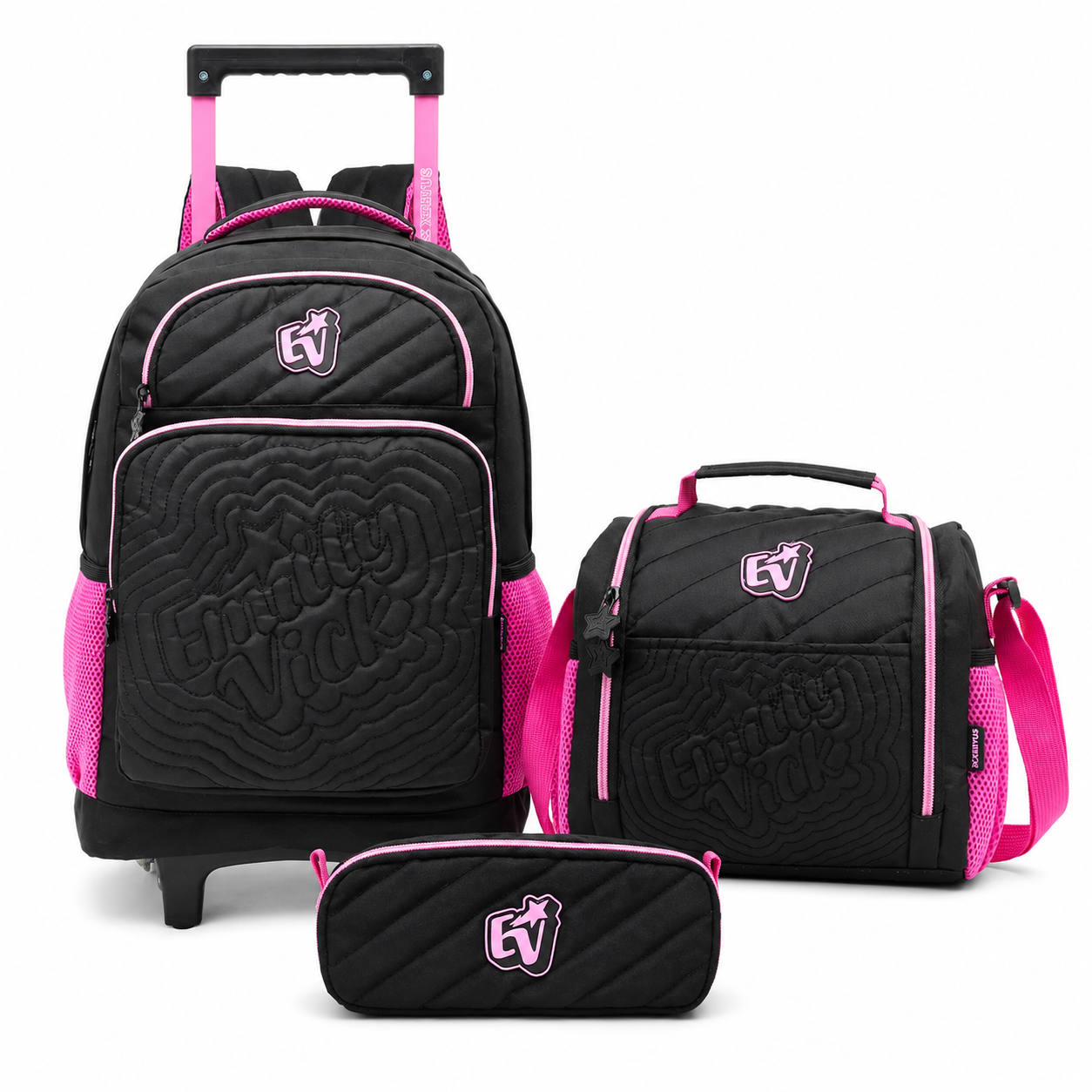Conjunto mochila escolar, bolsa e estojo pretos com detalhes rosa e logo Emily Vick.