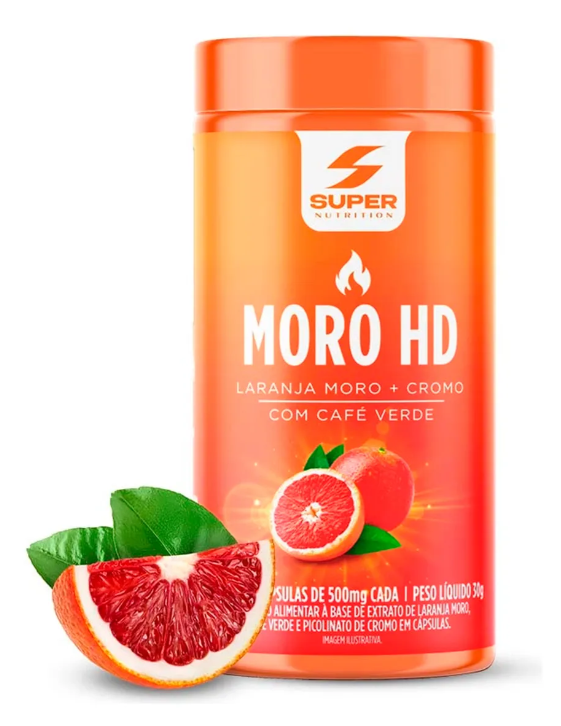 Embalagem laranja de suplemento MORO HD com imagem de laranja moro cortada e folhas verdes.