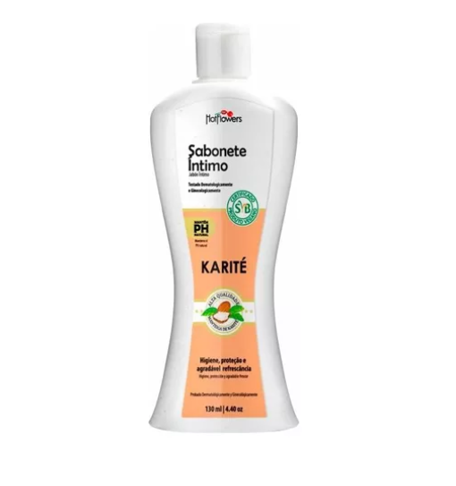 Frasco branco de sabonete íntimo Hot Flowers Karité com rótulo laranja e branco