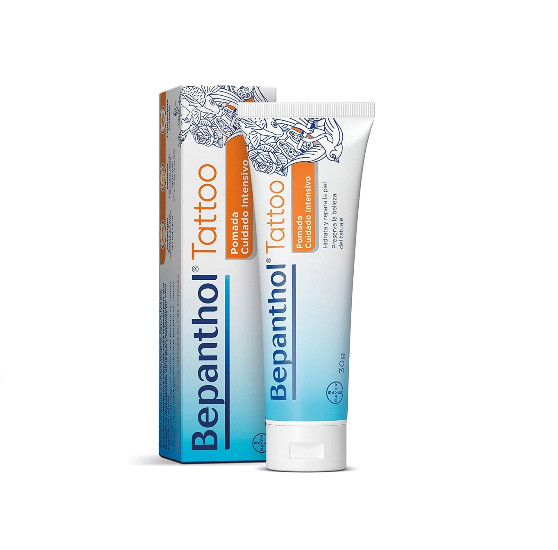 Bepanthol Tattoo pomada em tubo branco e caixa complementares