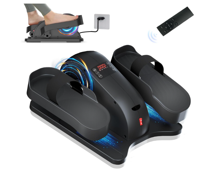 Pedaladora eletrónica preta com pedais grandes e ecrã digital vermelho