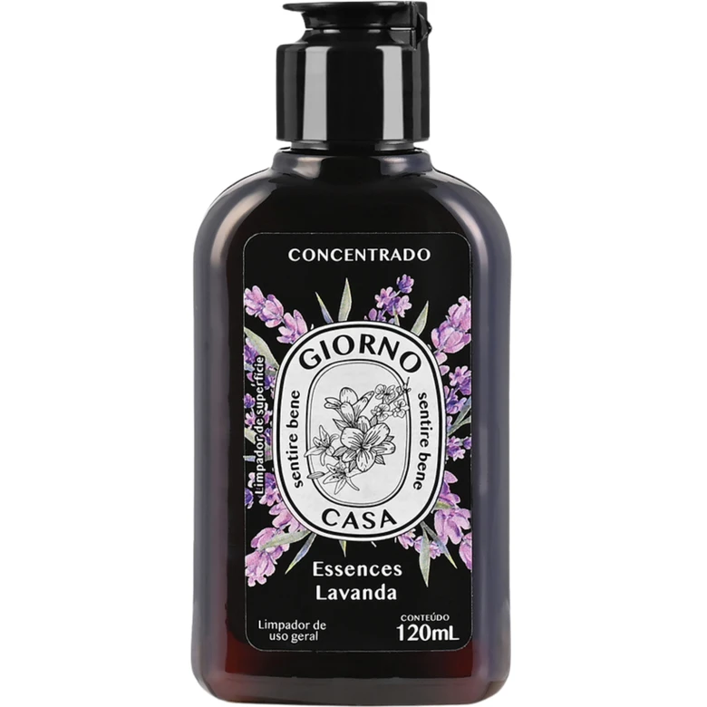 Frasco preto de limpador concentrado com rótulo de lavanda