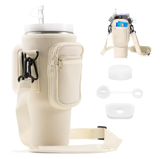 Suporte creme para garrafa com bolsos e alça ajustável
