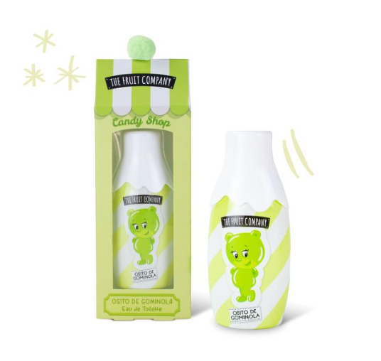 Perfume infantil Osito de Gominola em frasco branco e embalagem verde com ursinho desenhado