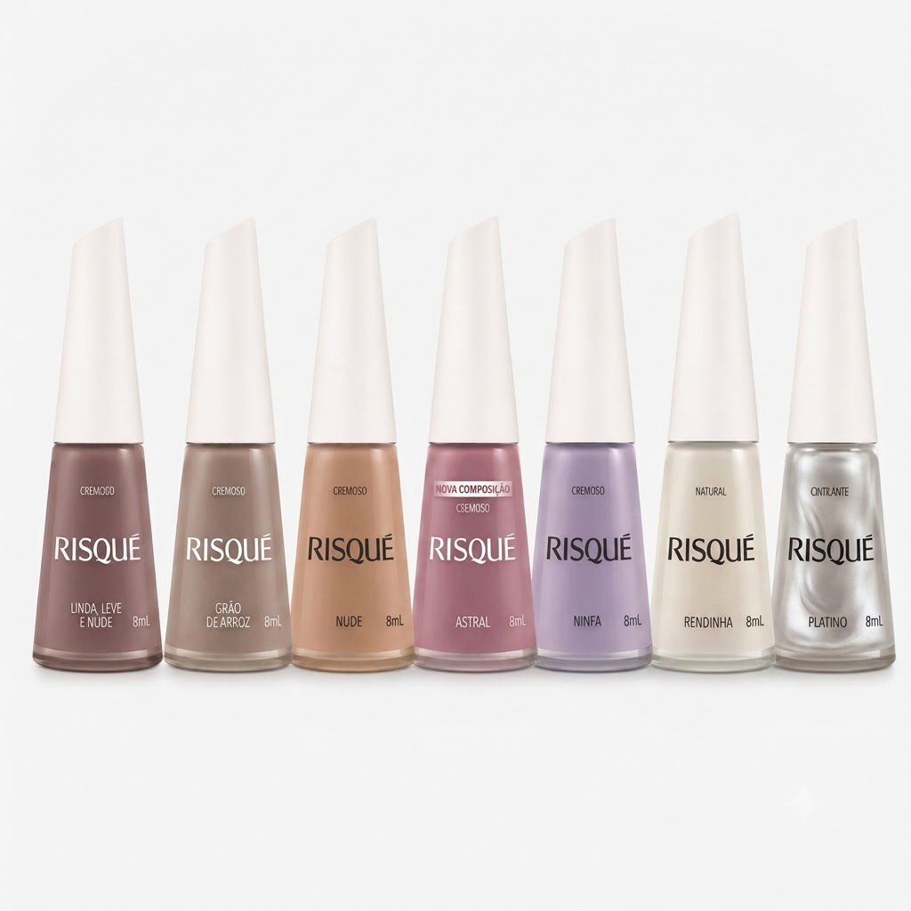 Sete frascos de verniz de unhas Risqué em várias cores com tampas brancas.