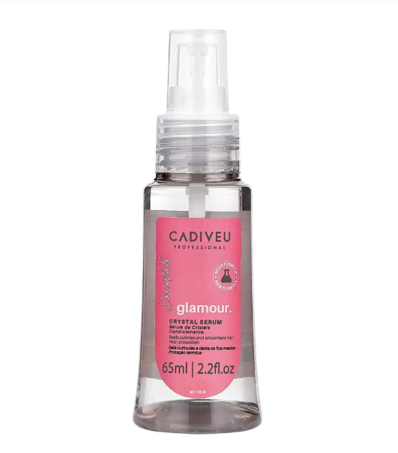 Frasco transparente de sérum de cabelo CADIVEU com etiqueta rosa