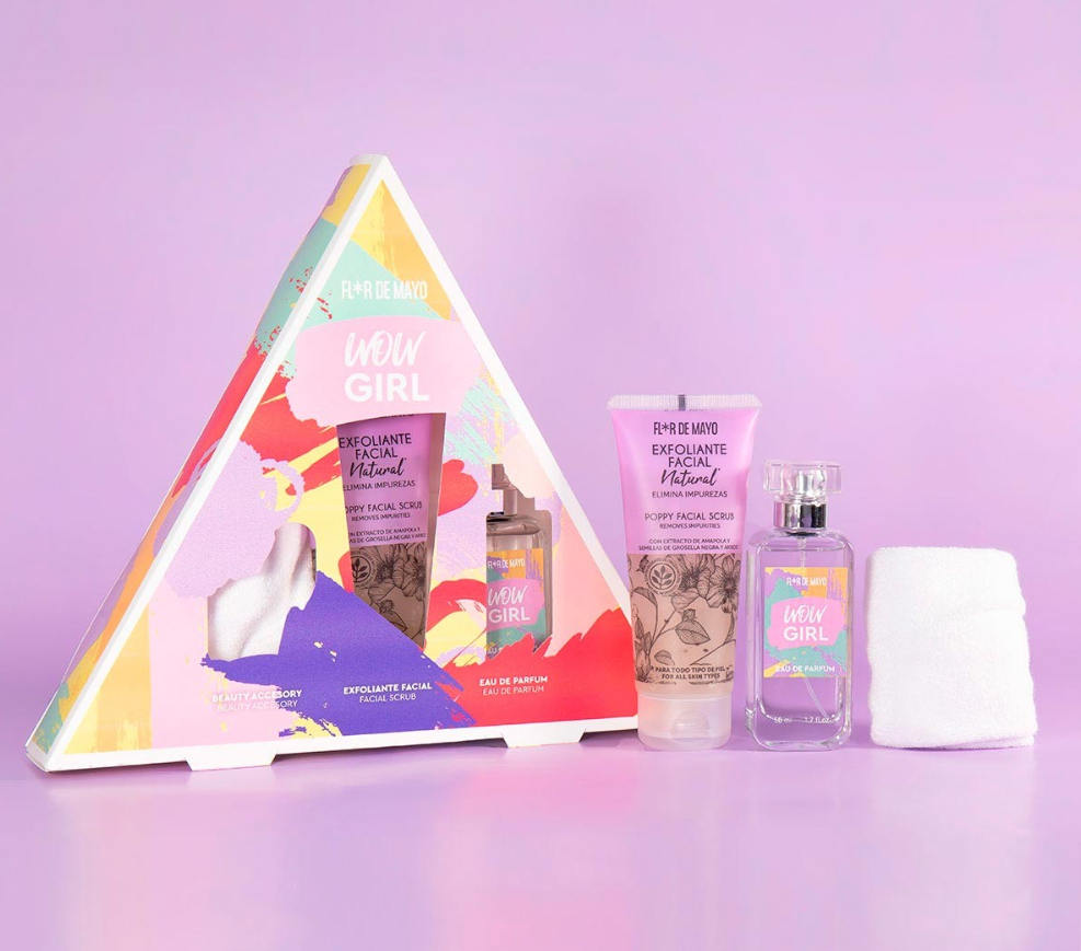 Conjunto de produto cosmético WOW GIRL da 24 DE MAYO em embalagem triangular colorida