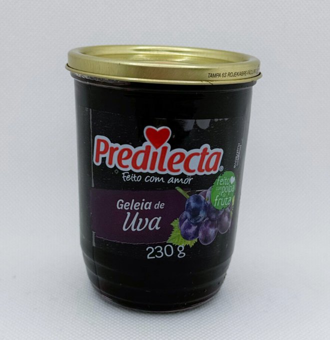 Frasco de geleia de uva Predilecta com tampa dourada