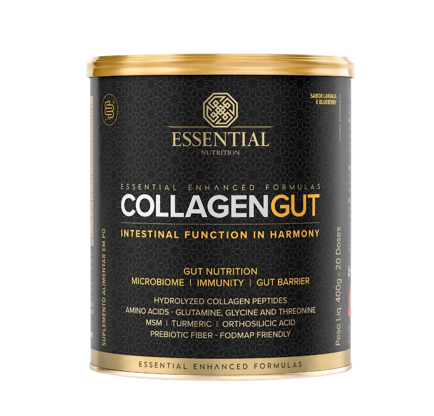 Embalagem preta e dourada de suplemento Essential Nutrition Collagen Gut