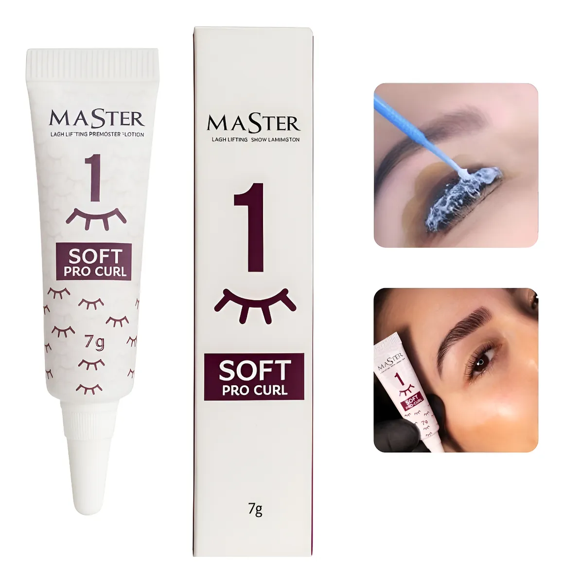 Tubo e embalagem branca de MASTER LASH LIFTING PREMOSTER LOTION 1 SOFT PRO CURL com imagens da aplicação e resultado no rosto