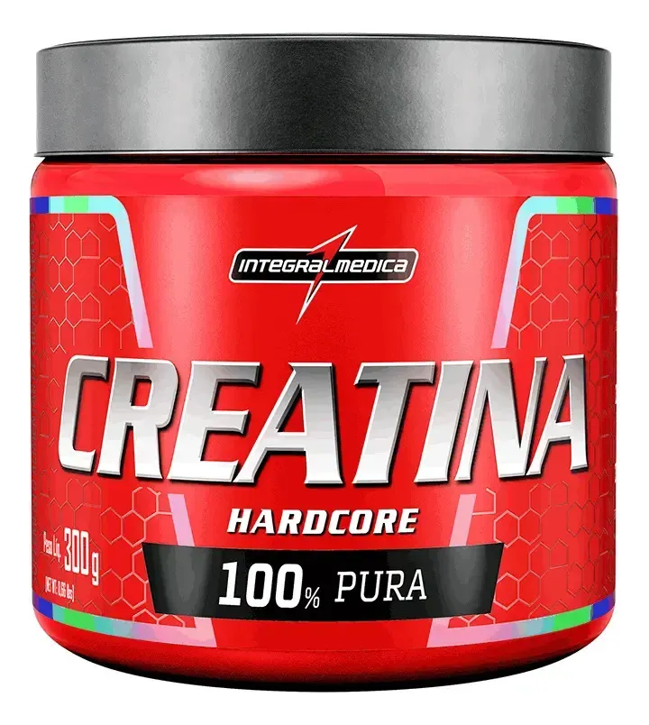 Frasco vermelho com suplemento CREATINA Hardcore 100% PURA da Integralmedica