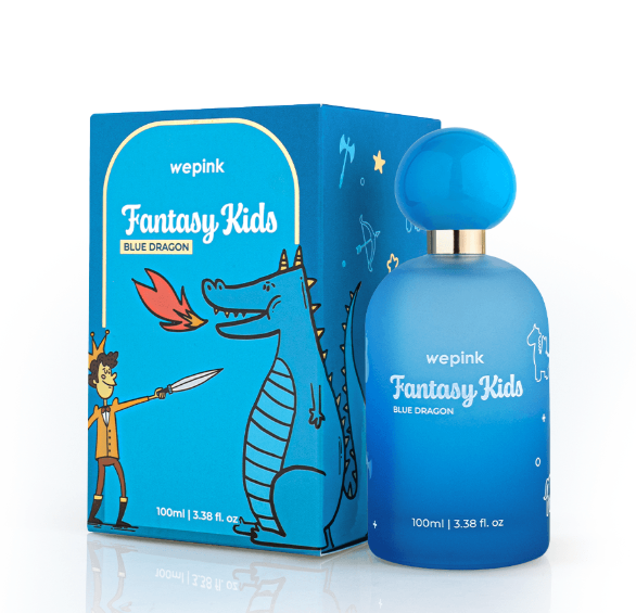 Frasco e caixa azuis de perfume Fantasy Kids com ilustração de dragão e criança.