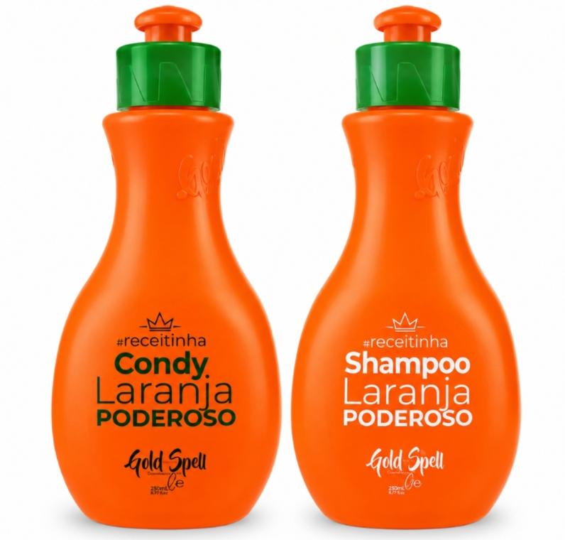 Frascos de condicionador e shampoo laranja com tampas verdes da marca Gold Spell