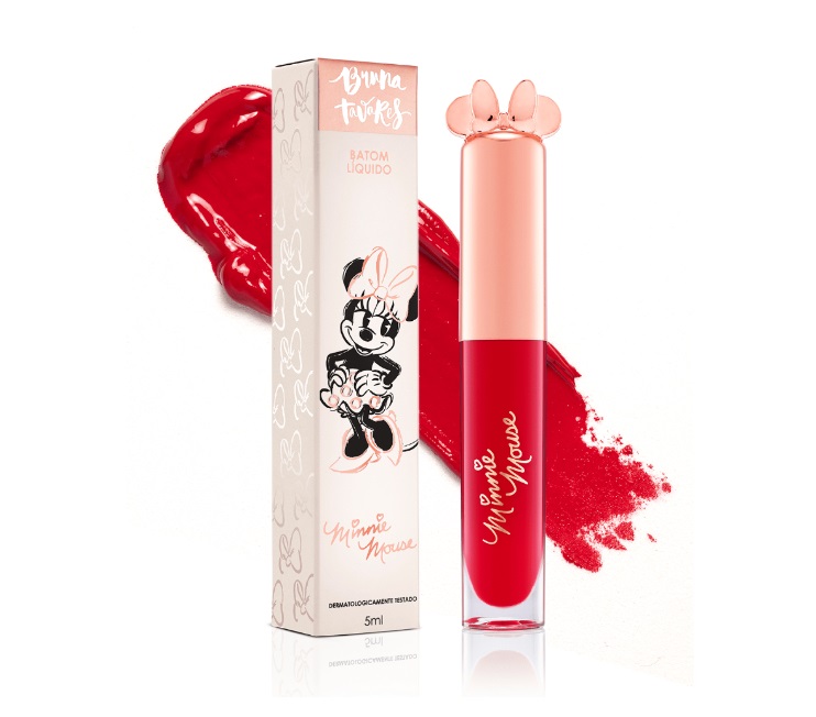 Líquido gloss labial vermelho com tampa rosa e caixa ilustrada da Minnie