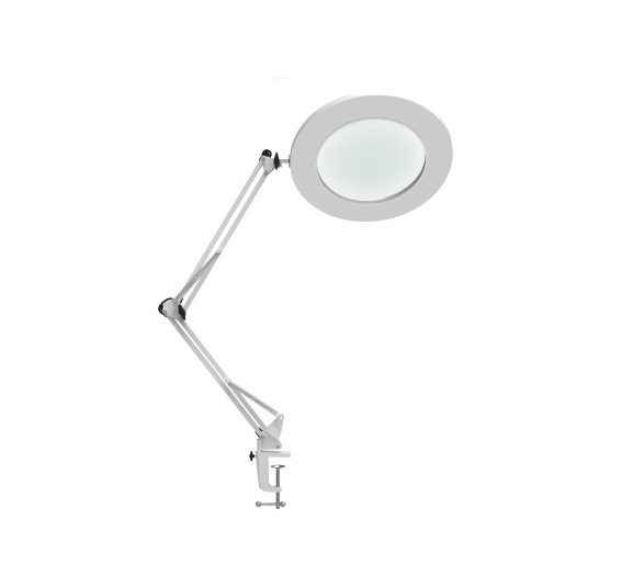 Candeeiro de mesa articulado com lente de aumento circular e base de fixação.
