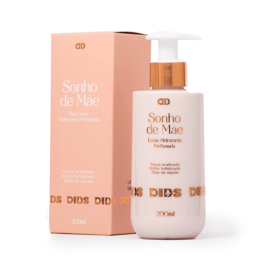 Loção hidratante perfumada Sonho de Mãe, embalagem branca com tampa de bomba, caixa pêssego, 200ml