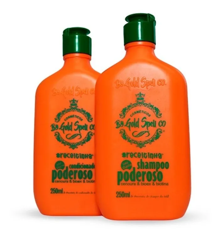Frascos laranja de shampoo e condicionador By Gold Spell CO com tampa verde