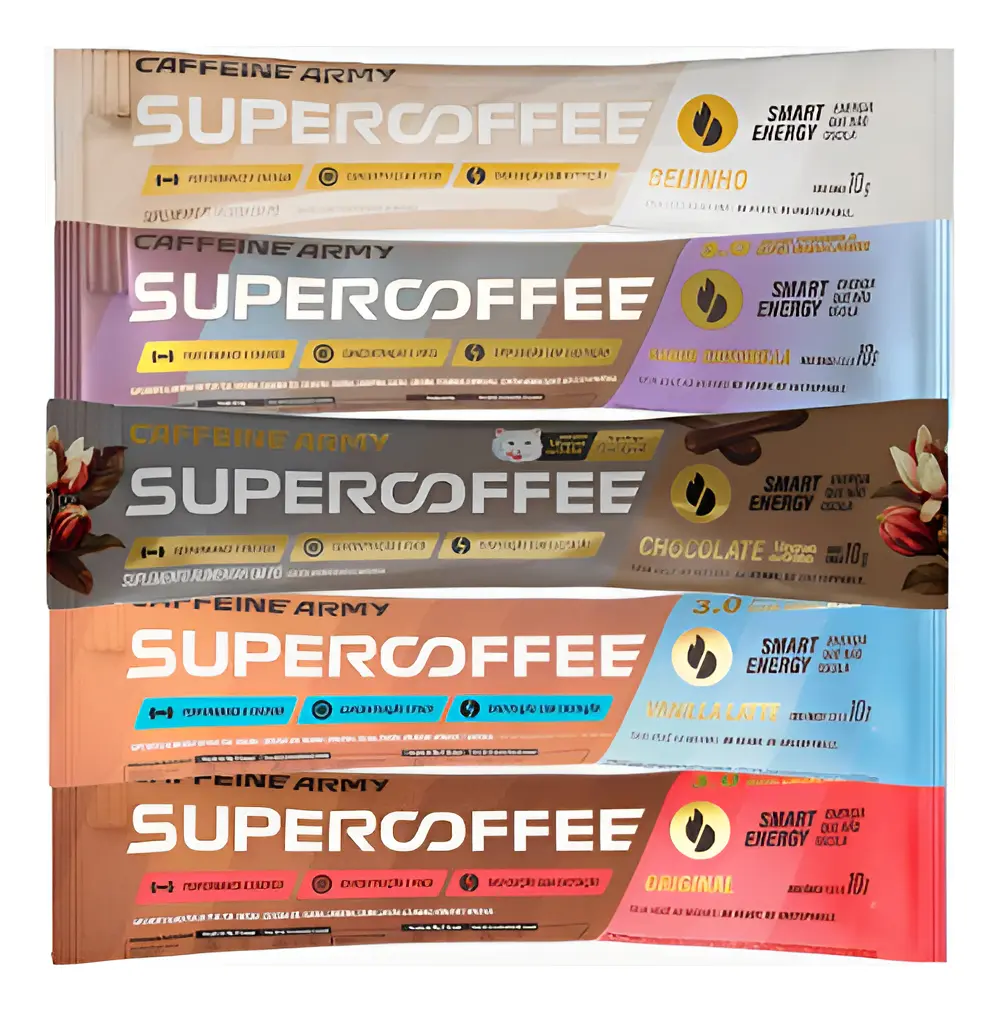 Cinco embalagens coloridas de suplemento SUPERCoffee em diferentes sabores