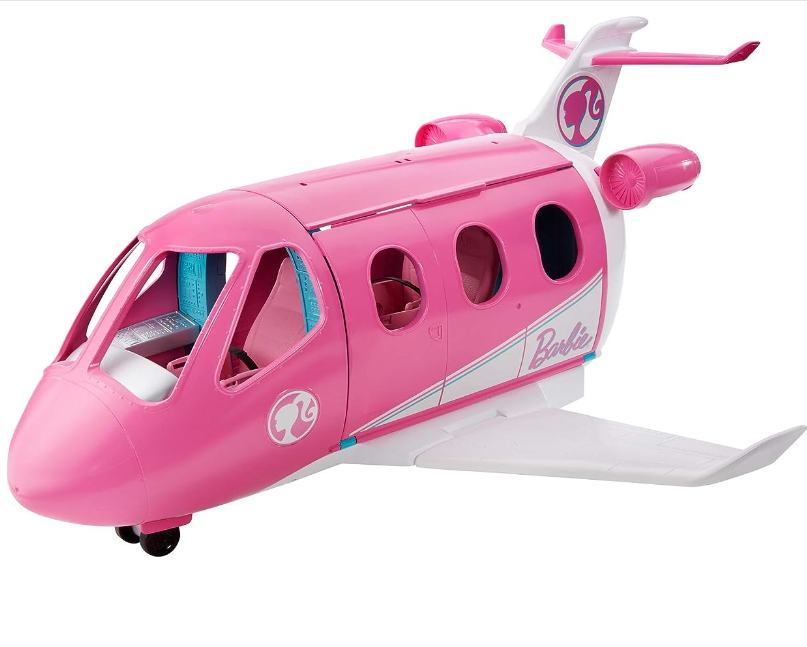 avião de brinquedo rosa e branco com logótipo Barbie