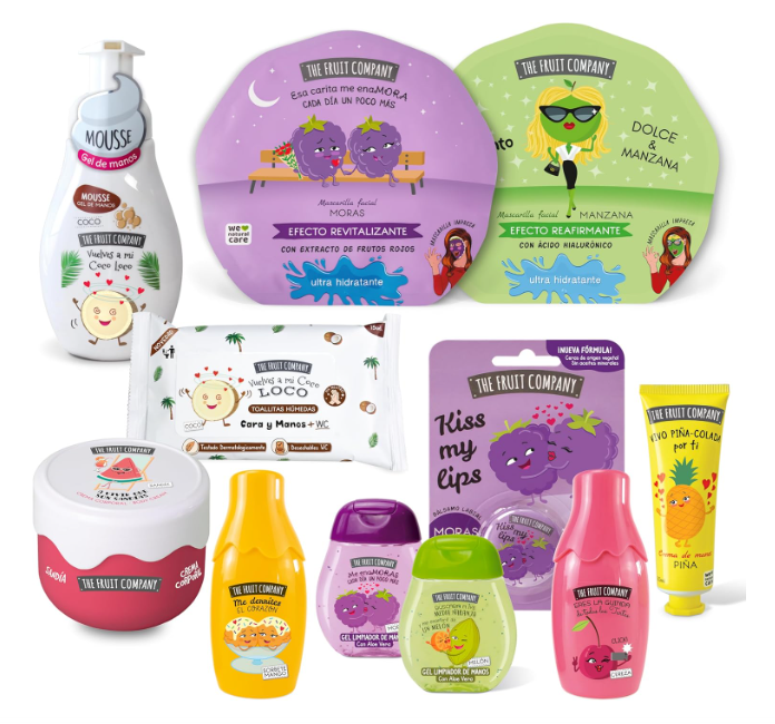 Produtos de cuidados pessoais coloridos da THE FRUIT COMPANY com ilustrações de frutas