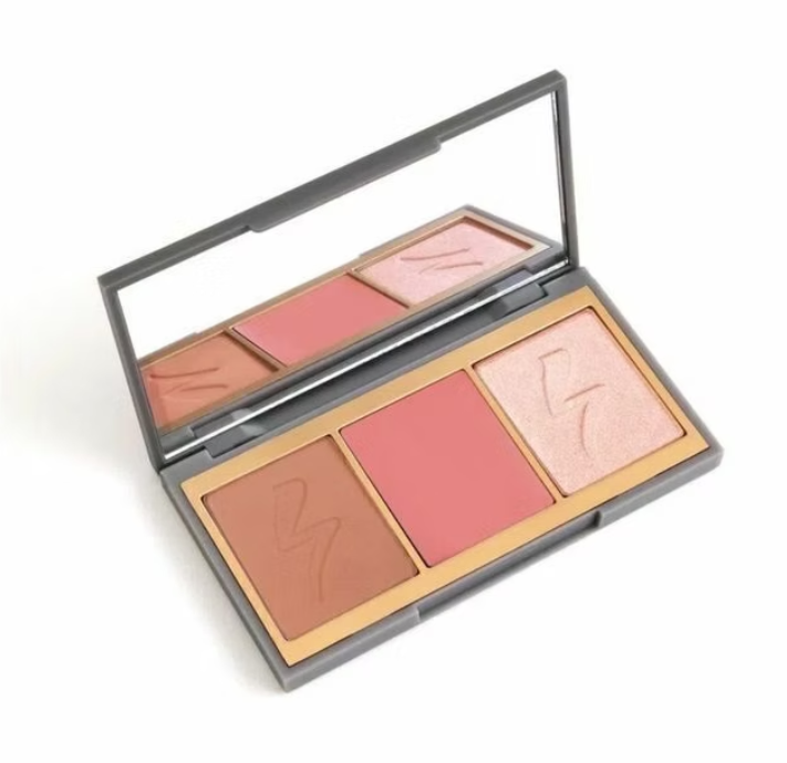 Paleta de maquilhagem com bronzer, blush e iluminador e espelho