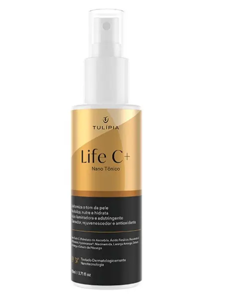 Frasco plástico branco com spray e rótulo dourado e preto de tónico Life C+