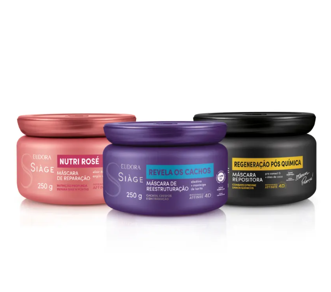 Três máscaras capilares Eudora Siàge em embalagens rosa, roxa e preta
