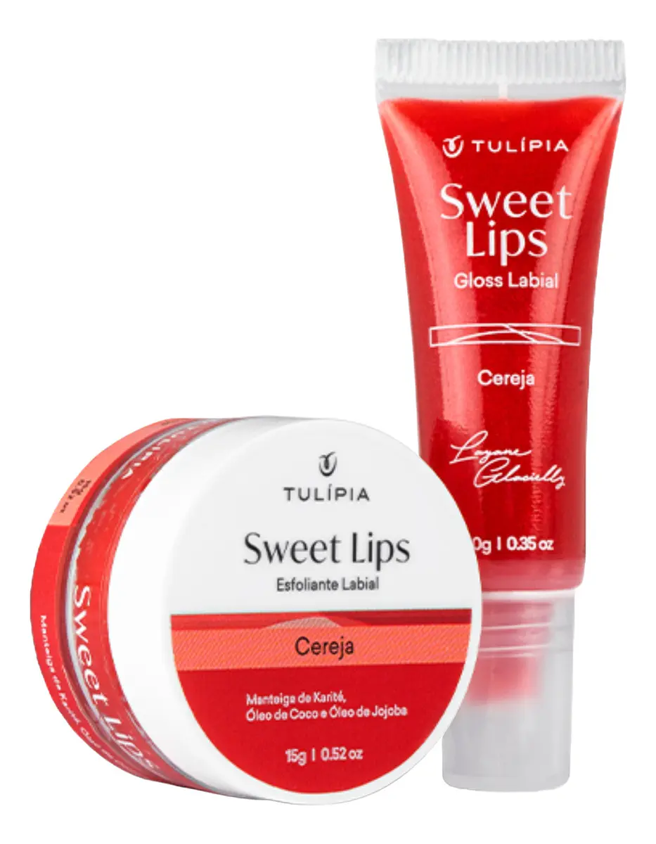Conjunto Sweet Lips Tulípia esfoliante e gloss labial vermelho sabor Cereja