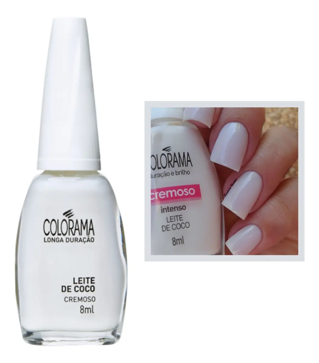 Verniz de unhas Colorama branco cremoso Leite de Coco 8ml e unhas pintadas