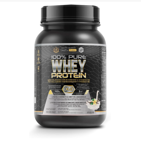 Frasco preto de suplemento 100% Pure Whey Protein com rótulo preto e dourado, texto e imagem de baunilha com leite.