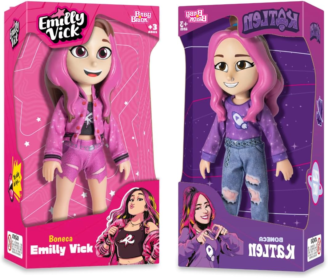 Bonecas Emily Vick e Katten em embalagens rosa e roxa, com roupas modernas e cabelos cor-de-rosa.