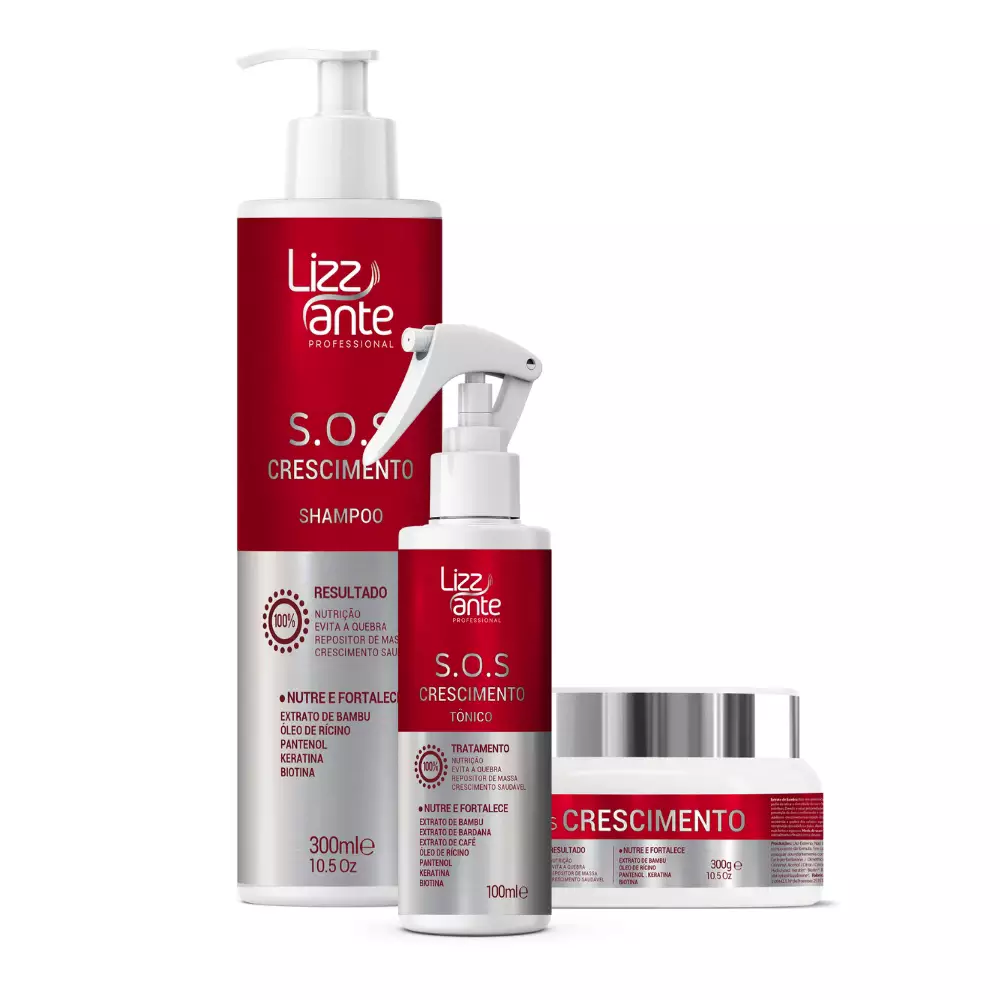 Produtos Lizzante Professional S.O.S Crescimento shampoo, tónico spray e máscara para cabelo
