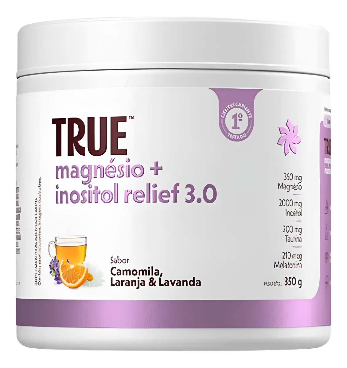 Frasco branco com suplemento TRUE magnésio + inositol relief 3.0 com sabor camomila, laranja e lavanda