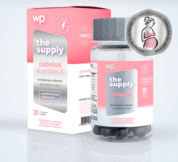 Suplemento alimentar the supply cabelos & unhas X, frasco transparente e embalagem rosa e branca