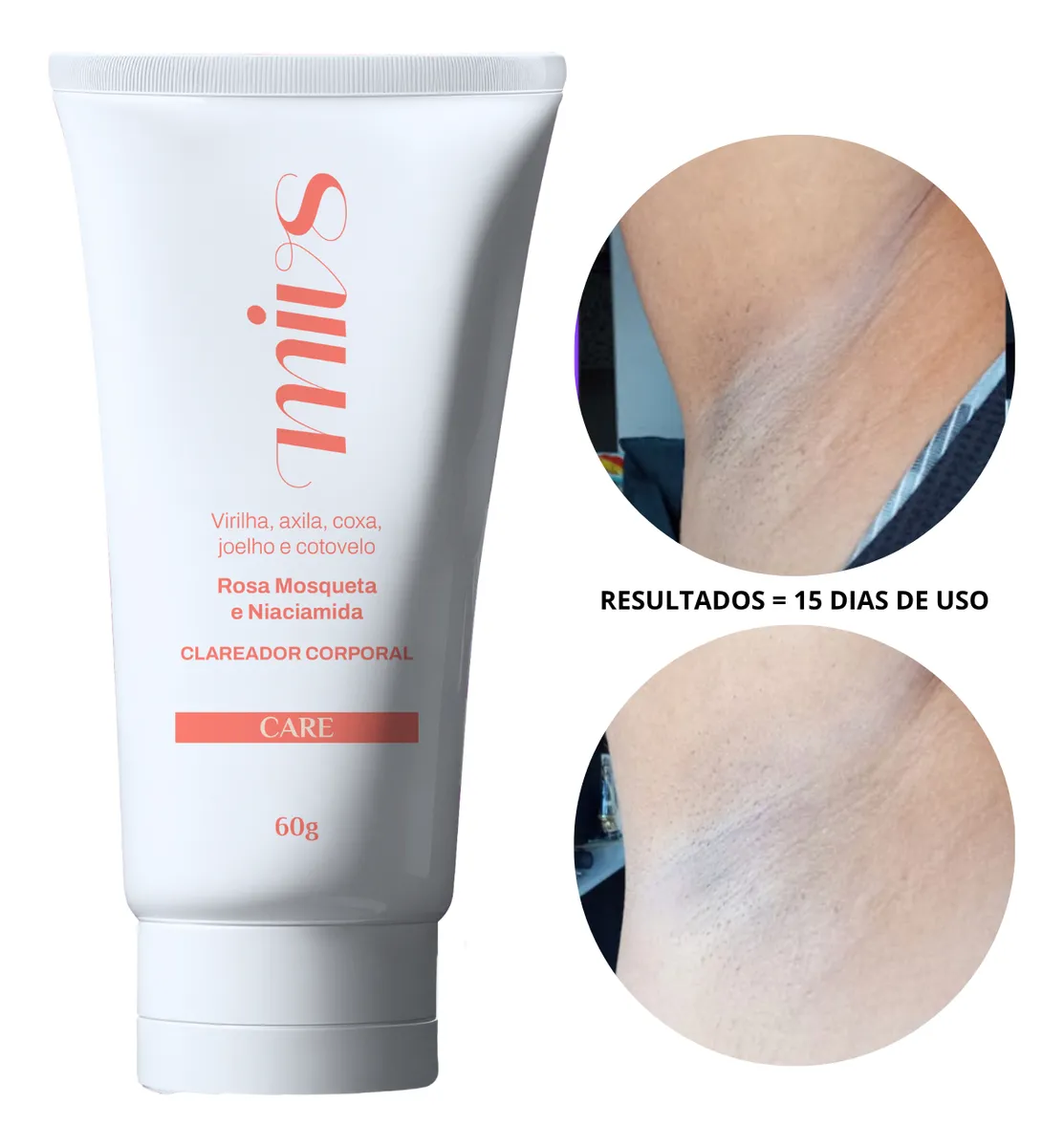 Creme clareador corporal SiniuS com texto e imagens de axilas antes e depois de uso