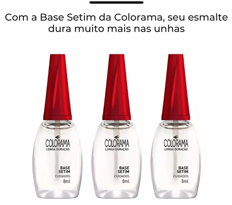 Três frascos de base para unhas Colorama Base Setim com tampas vermelhas