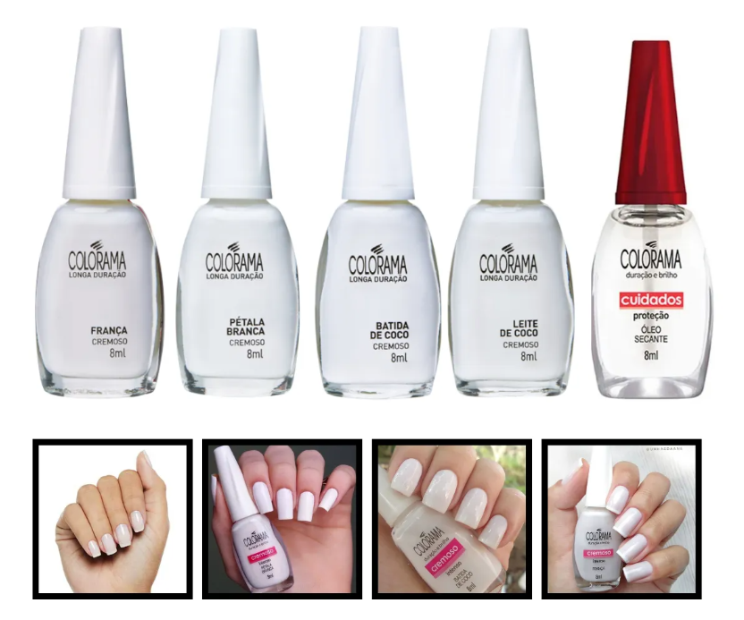 Frascos de verniz Colorama e unhas pintadas com verniz branco e transparente